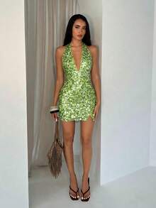 Glamine Sleeveless Halter Neck Green Sequin Bodycon Mini Dress For Women Party Wear With Zipper - Green - View 5