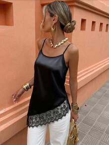 Pariaura Women's Elegant And Sexy Black Lace-Trimmed Camisole With An Irregular Hem, Perfect For Summer, Vacation, Work, Casual, Or Romantic Dates. Black Sleeveless Top Black Cami Top Cami Tops For Women Spaghetti Strap Tank Top Black Lace Trim Top Black Satin Tank Top Sleeveless Black Top Lace Trim Cami Spaghetti Strap Camisole Black Satin Top Black Summer Top Black Lace Camisole Black Tops Elegant Cute Black Top - Black - View 4