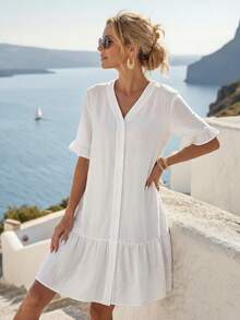 EMERY ROSE Flounce Sleeve Ruffle Hem Button Front Kimono Summer - White - View 3