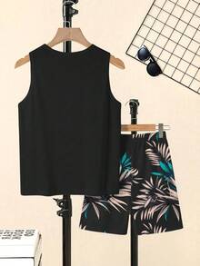 2 Stück/Set Teenager Jungen Casual Minimalistischer Y2K Stil, tropische Pflanze, Urlaubsstimmung, Sport Shorts und Rundhals Kurzarm T-Shirt Set, geeignet für den Sommer - Verschiedenfarbig - Übersicht 2