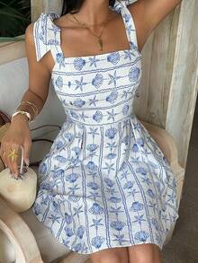 SHEIN EZwear Vestido con estampado de conchas marinas y estrellas de mar azules sobre fondo blanco, estilo vacacional - Azul y blanco - Ver 5