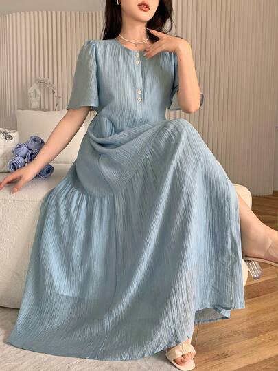 Feyla Women's Elegant Solid Color Front Button Long Dress, Summer