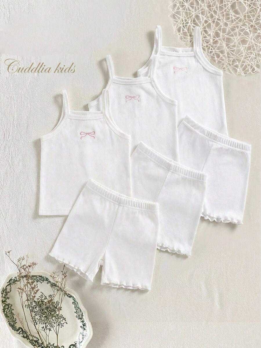 Young Girl 3-Piece Set: Embroidered Bowknot Camisole & Shorts, Spring/Summer - White - View 1
