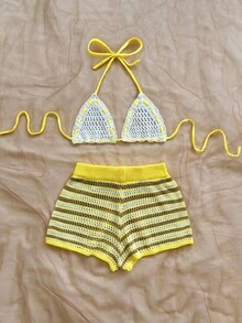 Soleia Trang phục dự tiệc cưới phong cách miền Tây, đi nghỉ mát mùa xuân & hè, tiệc tốt nghiệp, lễ hội âm nhạc ngày Thánh Patrick, lễ hội âm nhạc Phục Sinh, bộ đồ dệt kim sọc xanh thanh lịch phong cách Boho nhiệt đới gồm 2 món. - Màu vàng - Xem 3