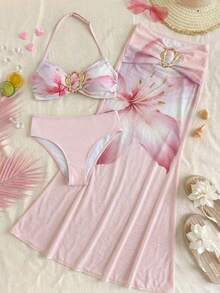 Travachic KIDS 少女针织蓝色比基尼套装，饰有海星图案，美人鱼造型，适合海滩度假，是夏季度假的理想之选 - 粉色 - 查看 4