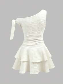 SHEIN Tween Girl Fashionable Elegant White Asymmetric Neck Dress Teen Girl Clothes Dress One Shoulder Dress Girl Girls Tiered Dress White Tween Dress Party Dresses For Girls - White - View 3