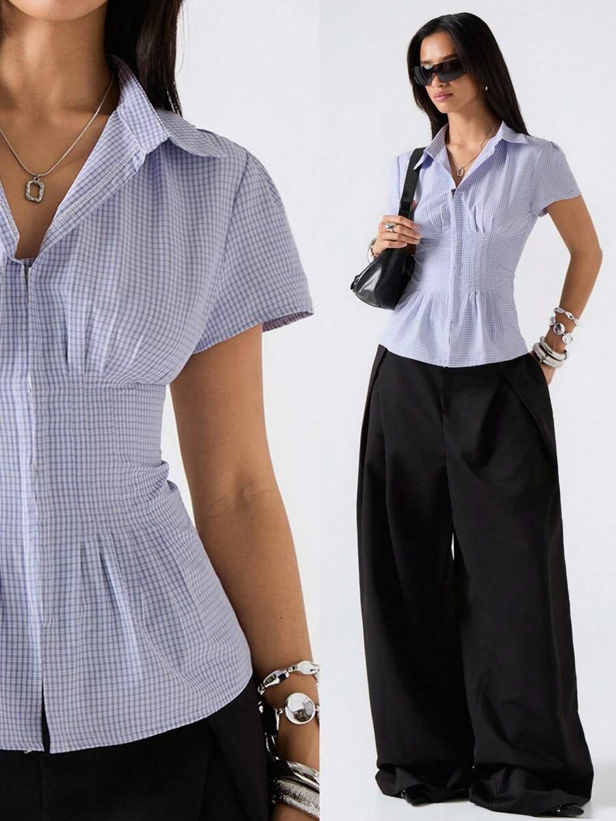 LYSMO 2026 New Arrive Minimalism Spring/Summer Women's Plaid Shoulder Petal Sleeve Ruched Waist Elegant Blouse Women Office Tops Short Sleeve Blouses Business Casual Tops Woman Work Blouse - Yellow - View 1