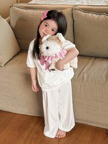 DAZY 2件套少女印花圆领针织短袖T恤和裤子家居服套装，秋季款 - 白色 - 查看 8