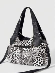 ROMWE Grunge Punk 时尚豹纹女包 女士单肩包 休闲手提包 朋克火车头女包 辣妹包 - 黑與白 - 查看 4