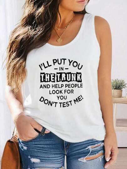 EMERY ROSE 大码女式标语印花休闲背心，圆领无袖背心，标语“我会把你放进后备箱，然后帮别人找你，别惹我”图案T恤，女式上衣