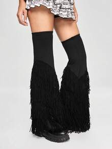 ROMWE Grunge Punk 1Pairy2k Millennium Spice Girls Punk Style Black Splicing Multi-Layer Taffer Edge Design Over Knee Micro Speaker Loose Leg Socks, Stylish Simple Wild Ladies Leg Covers, Suitable For Daily, Date, Party, Shopping And other Gray Items - màu đen - Xem 3