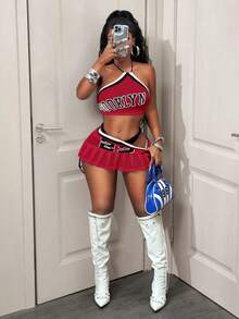 BamGleam Bộ đồ 2 món dành cho nữ: Áo croptop cổ yếm in chữ và chân váy ngắn. - Nhiều màu - Xem 5