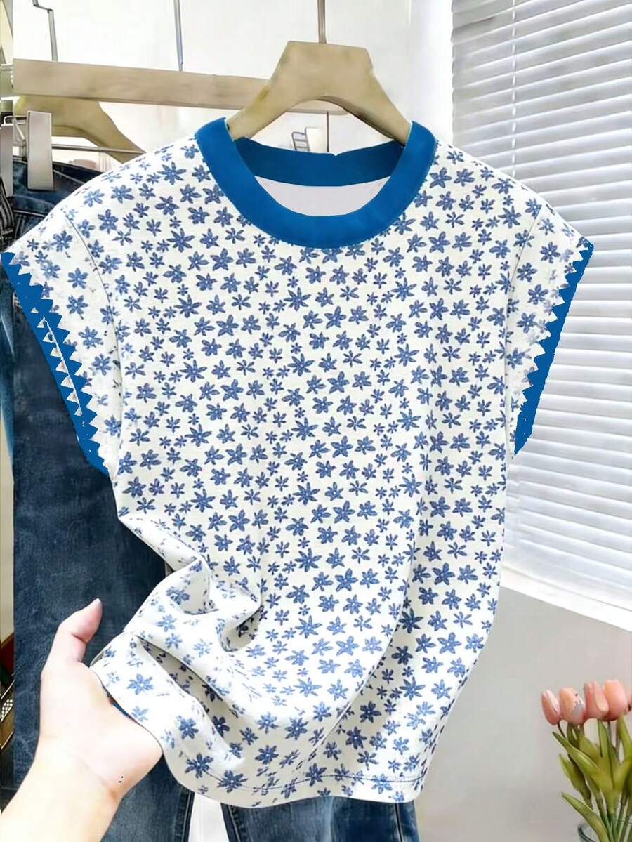 Resyla Áo thun ngắn tay cổ tròn in hoa, thích hợp cho mùa hè. - Nhiều màu - Xem 1