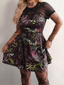 Whyspr Large Size Women's New Round Neck Retro Casual College Fashion Dark Punk Style Fashion Print Splicing Mesh Star Ribbon Decoration Large A-List Short Sleeved Dress, Suitable For Daily Wear, Office, Thanksgiving, New Year Dance, Vacation, Back To School Holiday Clothing, Birthday Parties, Music Festivals, Romance Festivals, Spring And Summer Women's Clothing Spring And Summer+Coachella/ Music Festival/ Party - Multicolor - View 3
