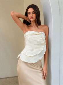 Aloruh 白色女士优雅褶皱贝壳形抹胸上衣，外出上衣，女士外出上衣，女士优雅衬衫，女士白色上衣，女士派对装扮，女士夏季服装，度假服装，女士连衣裙 - 白色 - 查看 2