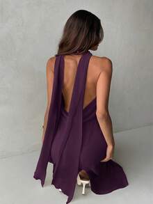 Aloruh Women's Solid Color Plunging Neck A-Line Ruffle Backless Dress,Summer Dresses For Women - Bold Plum - View 5
