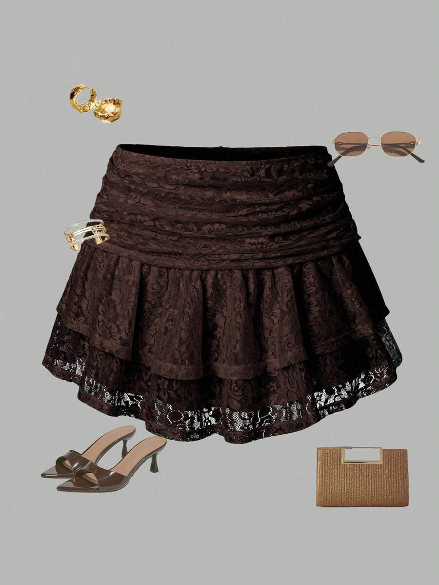Women's Summer Holiday Lace Embroidered Multi-Layered Skirt Y2K  For Holiday Party - Coffee Brown - View 1