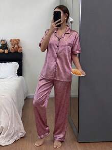 Napfluff 心形饰边仿丝绸翻领短袖睡衣套装 - 粉色 - 查看 5