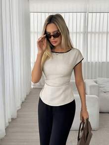 Easowa Blusa da donna con collo rotondo, bordi a contrasto, spalle scese, fiocco alla vita, linea ad A, casual, rilassata, elegante, adatta per l'ufficio, in stile vintage, per primavera ed estate - Albicocca - Visualizzare 5