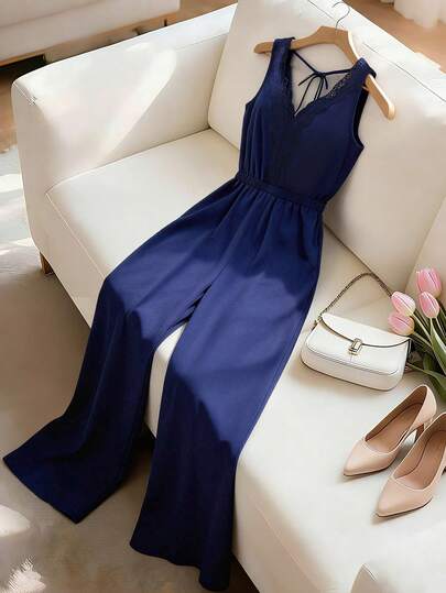 Franclia 2026 New Elegant V-Neck Sleeveless Floral Lace Jumpsuit For Women, Romantic Commuting Style, Comfortable & Flattering Design