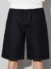 Manfinity Homme 休闲街头风水洗蓝色直筒解构工装牛仔短裤，春夏款 - 藍色 - 查看 5