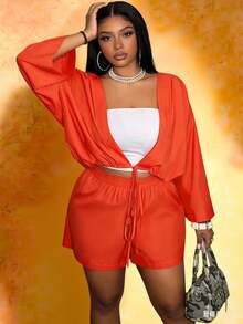 Slaydiva 2pcs/Set Plus Size Women's Music Festival Tie Front Long Sleeve Top And Shorts,Red And White,Autumn,Smart Casual,Vacation Orange Kimonos Yacht Outfit - Orange - View 10