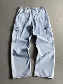 Manfinity Hypemode 宽松男士明线缝制抽绳腰带工装牛仔裤 - 淺色水洗藍 - 查看 2