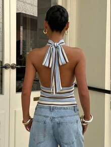 Muchica Áo hai dây dệt kim cổ cao có khóa kéo, kẻ sọc, kiểu dáng thể thao mùa hè dành cho nữ, không tay, tối giản, thoải mái, đa năng cho việc đi lại hàng ngày. - Nhiều màu - Xem 2