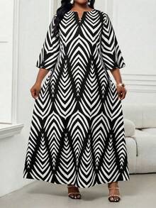 SHEIN Lady Vestido estampado de moda para talla grande para uso diario - Blanco y Negro - Ver 4