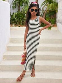 SHEIN 少女时尚夏季度假休闲无袖方领黑白条纹修身开衩长连衣裙，适合海滩、音乐节等场合。 - 黑與白 - 查看 1