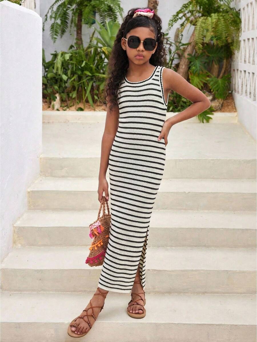 SHEIN 少女时尚夏季度假休闲无袖方领黑白条纹修身开衩长连衣裙，适合海滩、音乐节等场合。 - 黑與白 - 查看 1