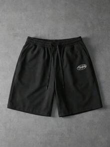 PAVTROS Men's Letter Print Drawstring Waist Pocket Casual Loose Shorts Streetwear Shorts Graphic Shorts Black Black Basketball Shorts Black Sweat Shorts - Black - View 1