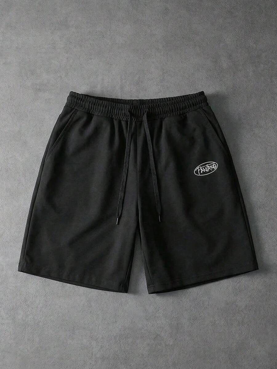 PAVTROS Men's Letter Print Drawstring Waist Pocket Casual Loose Shorts Streetwear Shorts Graphic Shorts Black Black Basketball Shorts Black Sweat Shorts - Black - View 1