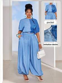 Maweii 2 pièces/Set Femmes Grandes Tailles Top Décontracté en Patchwork de Denim à Col Rond et Pantalon Ample, Tenue Polyvalente pour le Quotidien, les Déplacements, le Style de Rue, Printemps/Été/Automne - Multicolore - Voir 1