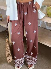 SHEIN EZwear Quần dài nữ màu cà phê kiểu Bohemian, in hoa, dệt kim, có dây rút ở eo. - Cà phê nâu - Xem 9