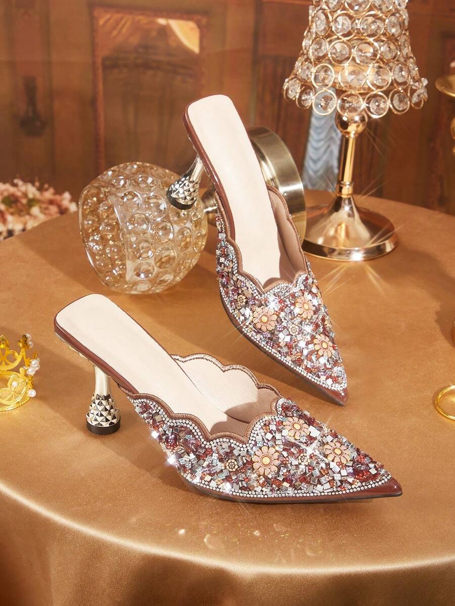 CUCCOO TILAWA Women's Fashion Party Pointed Toe Stiletto Heel Rhinestone Pumps For Christmas Valentine's Day - Brown - View 1