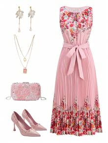 Ellevyn 女士印花系带褶皱优雅无袖中长连衣裙 夏季度假装扮 女士外出装扮 女士婚礼宾客礼服 女士印花连衣裙 女士夏季连衣裙 女士褶皱连衣裙 女士套装 - 淺粉色 - 查看 10