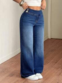 SHEIN Tall 女士高腰阔腿宽松休闲百搭牛仔裤 - 中等水洗藍 - 查看 4