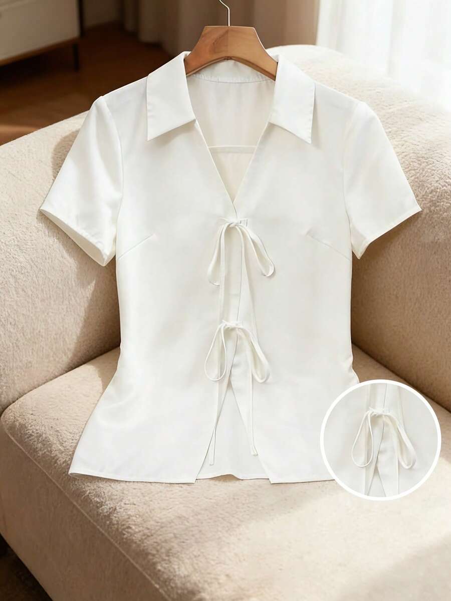 Franclia Camisa de mujer de manga corta con cuello de lazo y corbata, para verano - Blanco - Ver 1