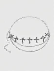 ROMWE Goth 1件装女士银色五芒星十字架装饰双链装饰暗黑风朋克风腰链连衣裙牛仔裤配饰日常百搭 - 五角星十字架雙層鏈條腰鏈 - 查看 2