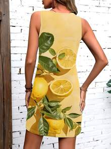 EMERY ROSE Women's Lemon Print Round Neck Dress, Summer - Multicolor - View 2