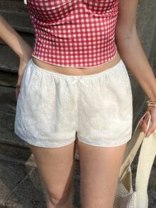 SHEIN MainGRL Spring/Summer Resort-Style White Woven Embroidered Low-Rise Shorts, Perfect For Vacations, Romance, And Dates. Eyelet Shorts Cute Summer Shorts Short Outfits For Women - White - View 6