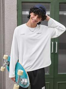 Open Phase 男士舒适字母图案圆领长袖短袖T恤，秋季复古美式风格，男女皆宜，宽松版型夏季服装——适合日常穿着和夏季度假穿着。 - 白色 - 查看 5