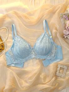 DelicateAllure Sujetador inalámbrico de encaje con parches de unicolor elegante para tallas grandes - Azul - Ver 1