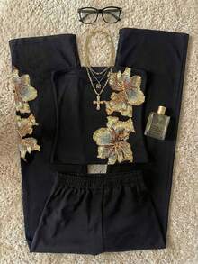 女士休闲刺绣抹胸上衣和刺绣长裤两件套，百搭日常装 - 黑色 - 查看 1