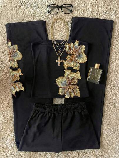 女士休闲刺绣抹胸上衣和刺绣长裤两件套，百搭日常装