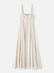 NYA SZN 女士条纹褶皱休闲派对连衣裙，适合夏季穿着 - 杏色 - 查看 8