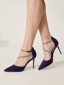SHEIN X Lucía Bellido CUCCOO CHICEST 女士时尚优雅水晶装饰尖头高跟鞋 - 紫色 - 查看 7