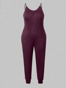 Maweii Jumpsuit Wanita Ukuran Besar Kasual untuk Perjalanan Sehari-hari, Warna Polos, dengan Kantong Miring - Red Violet - View 3