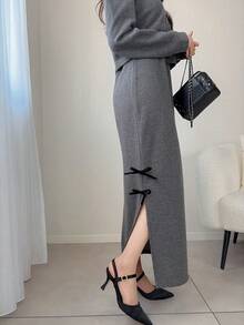 FRIFUL 2pcs Women Minimalist Commuter Front Button Jacket And Side Slit Dress Set - Grey - View 8